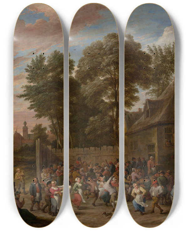 Triptych art skateboard deck of David Teniers The Younger Peasants Dancing And Feasting by David Teniers The Younger (1610-1690)