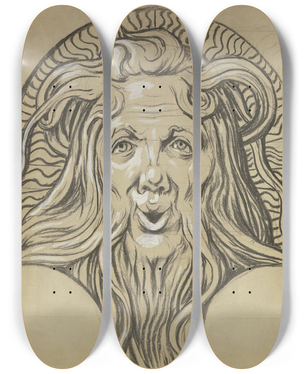 Triptych art skateboard deck of Hans Thoma Satyrkopf Entwurf Fr Einen Majolikabrunnenkopf by Hans Thoma (1839-1924)