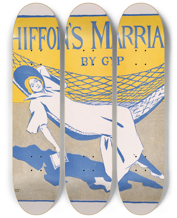 Triptych art skateboard deck of Louise Lyons Heustis Chiffons Marriage By Gyp by Louise Lyons Heustis (1865-1951)