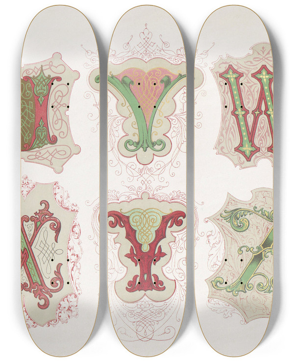 Triptych art skateboard deck of Bernhard Dondorf Dondorfs Alphabete Pl39 by Bernhard Dondorf (1833-1933)