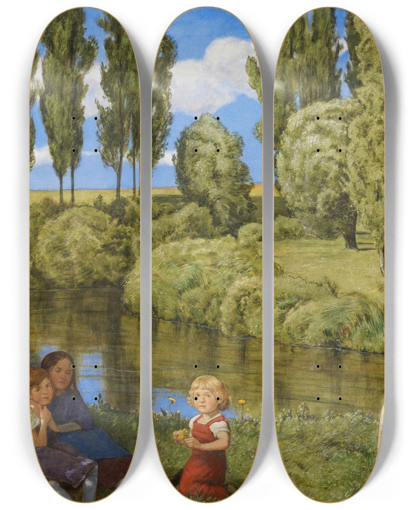 Triptych art skateboard deck of Hans Thoma Am Stillen Bach by Hans Thoma (1839-1924)