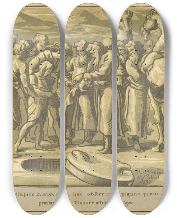 Triptych art skateboard deck of John Skippe Joseph Sold Into Slavery by John Skippe (1742-1812)