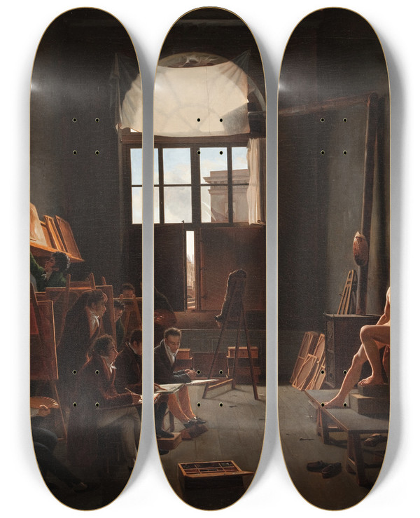 Triptych art skateboard deck of Lonmathieu Cochereau The Studio Of Jacqueslouis David by Leon Mathieu Cochereau (1793-1817)