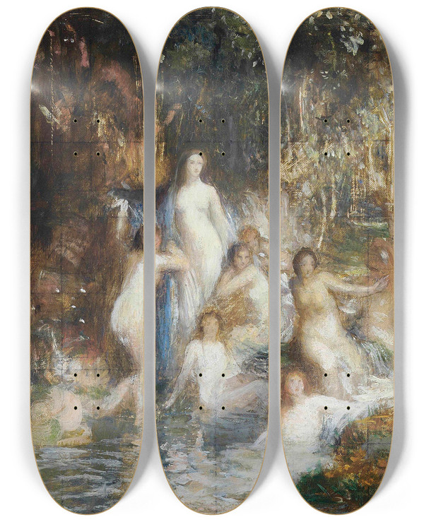 Triptych art skateboard deck of George Spencer Watson Allegorical Figures In A Stream by George Spencer Watson (1869-1934)