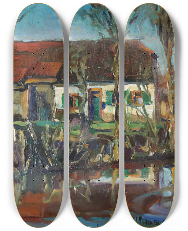 Triptych art skateboard deck of Hiasl Maiererding An Der Sempt In Alternerding by Hiasl Maier-Erding (1894-1933)