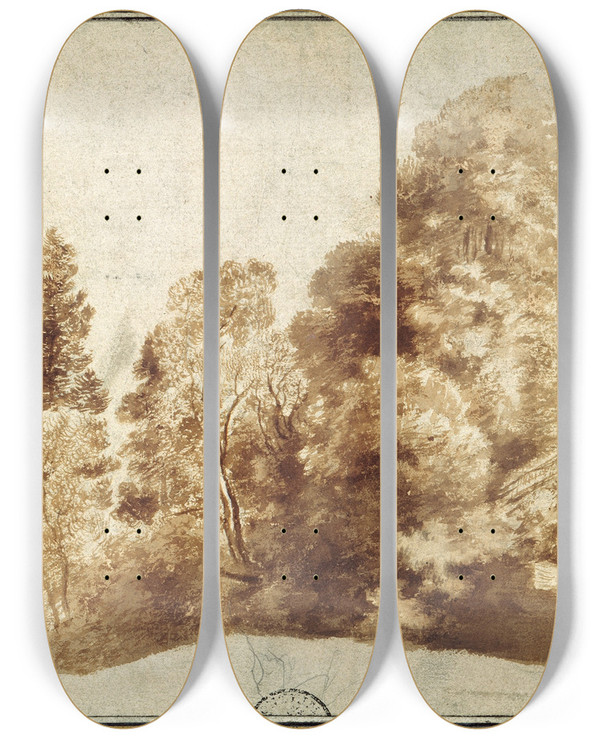 Triptych art skateboard deck of Herman Van Swanevelt Group Of Trees At A Wall by Herman Van Swanevelt (1600-1655)