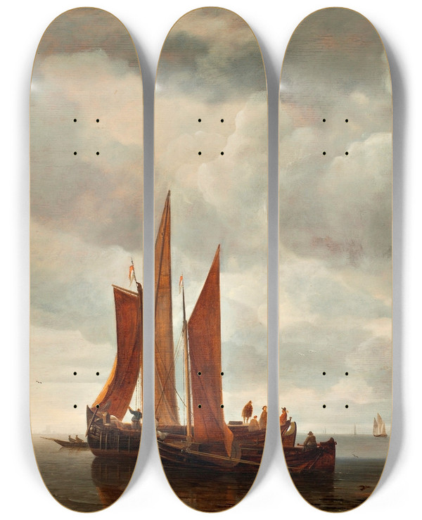 Triptych art skateboard deck of Hendrick Jacobsz Dubbels Ships Outside Dordrecht by Hendrick Jacobsz Dubbels (1621-1707)