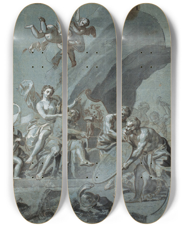 Triptych art skateboard deck of Hendrik Krock Venus Og Vulcan_1 by Hendrik Krock (1671-1738)