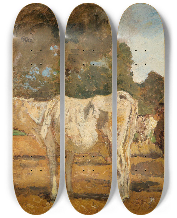 Triptych art skateboard deck of Emil Jakob Schindler Cows by Emil Jakob Schindler (1842-1892)