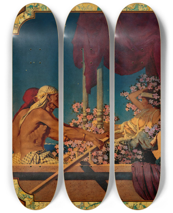 Triptych art skateboard deck of Maxfield Parrish Cleopatra by Maxfield Parrish (1870-1966)