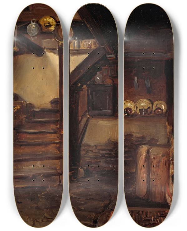 Triptych art skateboard deck of Adolph Tidemand German Kitchen by Adolph Tidemand (1814-1876)