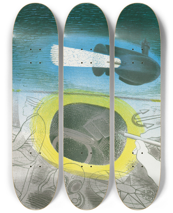 Triptych art skateboard deck of Eric Ravilious Submarine Series Introductory Lithograph by Eric Ravilious (1903-1942)