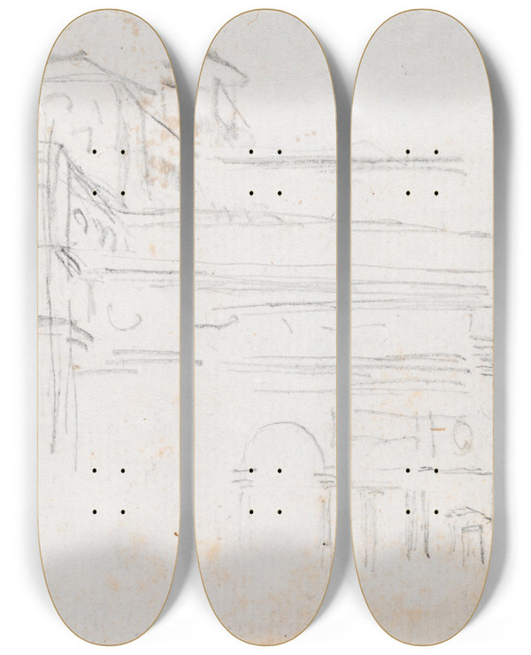 Triptych art skateboard deck of Hubert Robert Villa Medici by Hubert Robert (1733-1808)