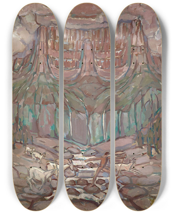 Triptych art skateboard deck of Carl Burckhardt Shepherd And Flock Crossing A River In The Mountains by Carl Burckhardt (1878-1923)