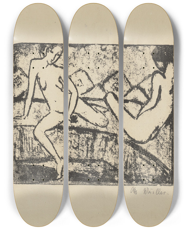 Triptych art skateboard deck of Otto Mueller Zwei Auf Dem Sofa Sitzende Mdchen by Otto Mueller (1874-1930)