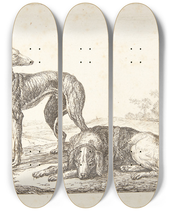 Triptych art skateboard deck of Simon De Vlieger En Mynde Og En Liggende Hund by Simon de Vlieger (1601-1653)
