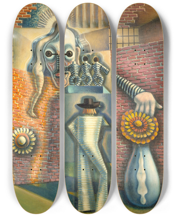 Triptych art skateboard deck of Benjamin F Berlin Untitled Surreal Abstraction by Benjamin F Berlin (1887-1939)