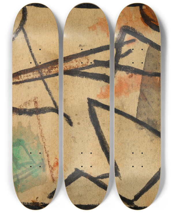 Triptych art skateboard deck of Egon Schiele Strichmnnchen Mit Pfeil Und Bogen by Egon Schiele (1890-1918)