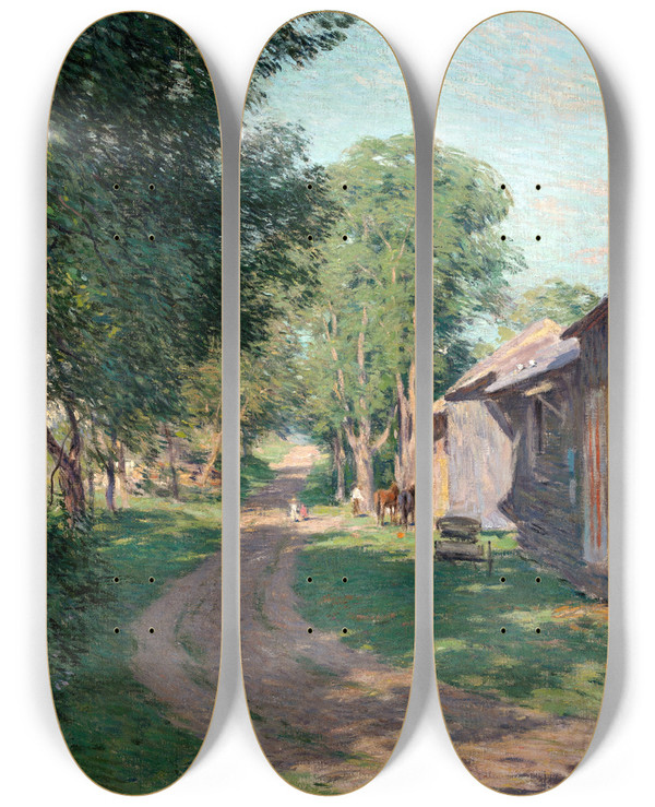 Triptych art skateboard deck of Willard Leroy Metcalf Midsummershadows by Willard Leroy Metcalf (1858-1925)