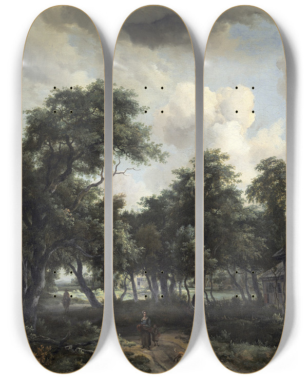 Triptych art skateboard deck of Meindert Hobbema Hut Among Trees by Meindert Hobbema (1638-1709)