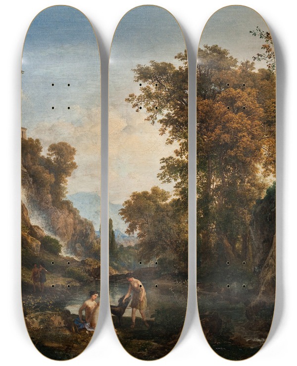Triptych art skateboard deck of Kroly Mark Landscape With Nymphs by Karoly Marko (1791-1860)