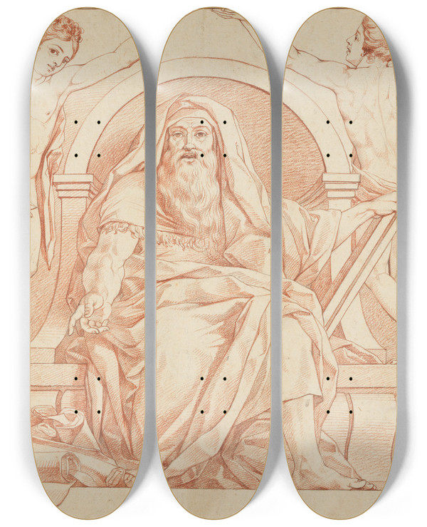 Triptych art skateboard deck of Philipp Jakob Becker Moses Sitzend by Philipp Jakob Becker