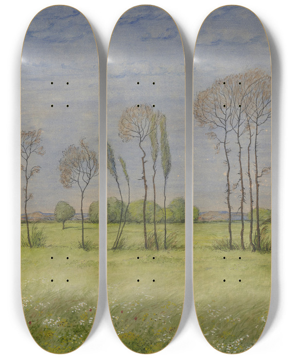 Triptych art skateboard deck of Hermann Dumler Landscape In Spring by Hermann Dumler