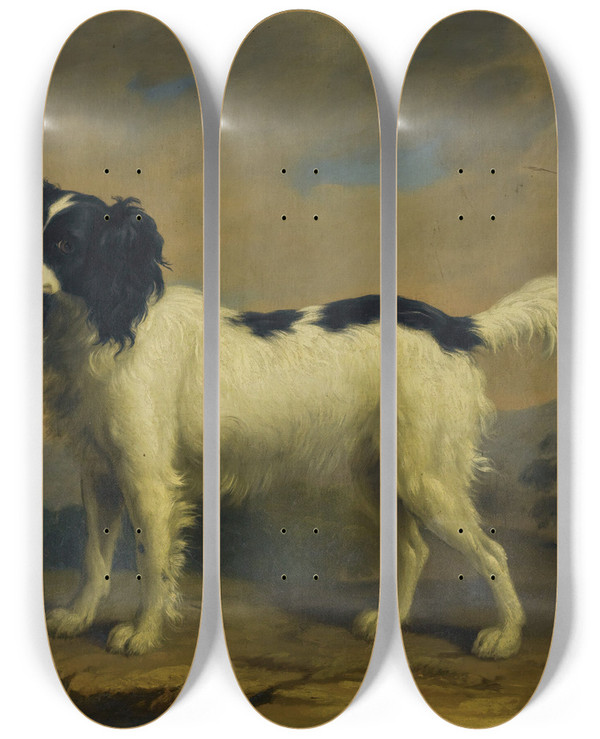 Triptych art skateboard deck of William Greene Junior A Black And White Spaniel In A Landscape by William Greene Junior (1780)