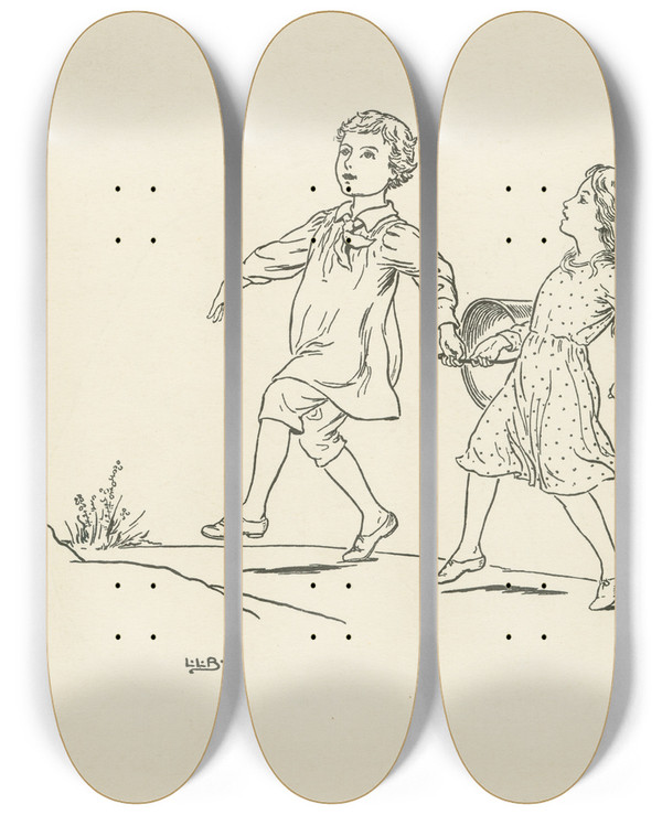 Triptych art skateboard deck of Leonard Leslie Brooke Jack And Jill by Leonard Leslie Brooke (1862-1940)