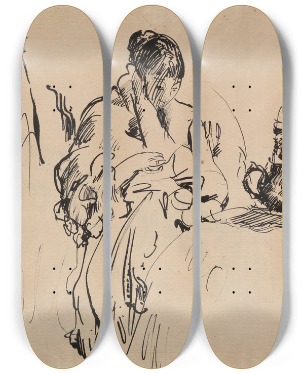 Triptych art skateboard deck of Rik Wouters Woman At Breakfast by Rik Wouters (1882-1916)