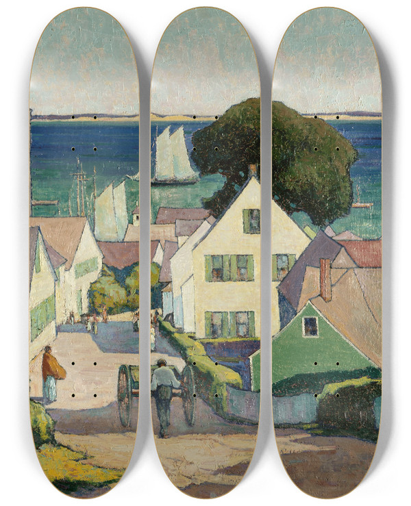 Triptych art skateboard deck of George G Adomeit Down To The Harbor by George G. Adomeit