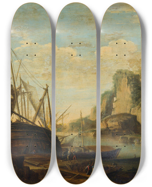 Triptych art skateboard deck of Salvator Rosa A Mediterranean Coastal Landscape With A Ship by Salvator Rosa (1615-1673)