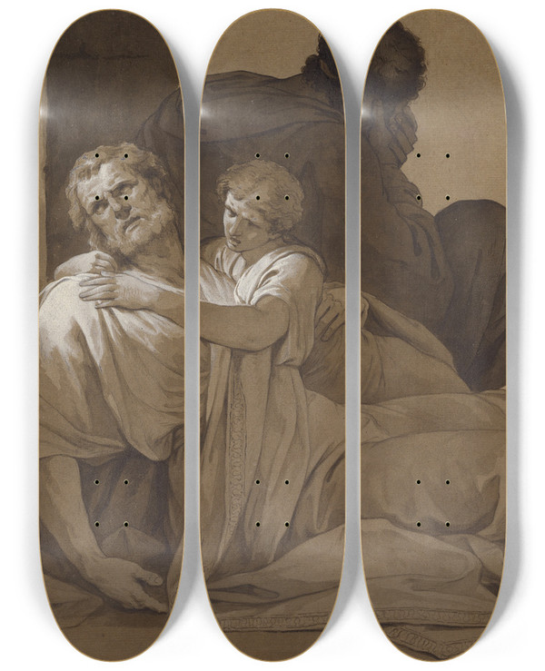 Triptych art skateboard deck of Jeanfranoispierre Peyron Study For The Death Of Socrates by Jean-Franois-Pierre Peyron (1744-1814)