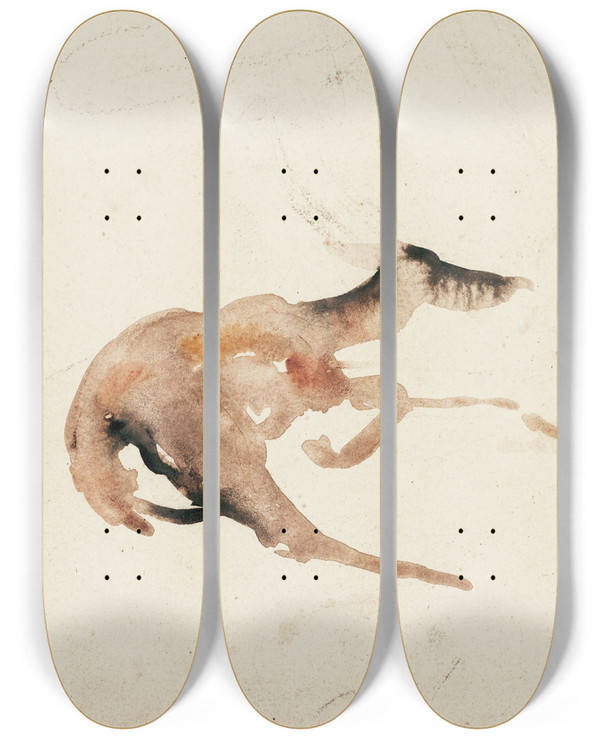 Triptych art skateboard deck of Antoinelouis Barye A Doe Lying by Antoine-Louis Barye (1796-1875)