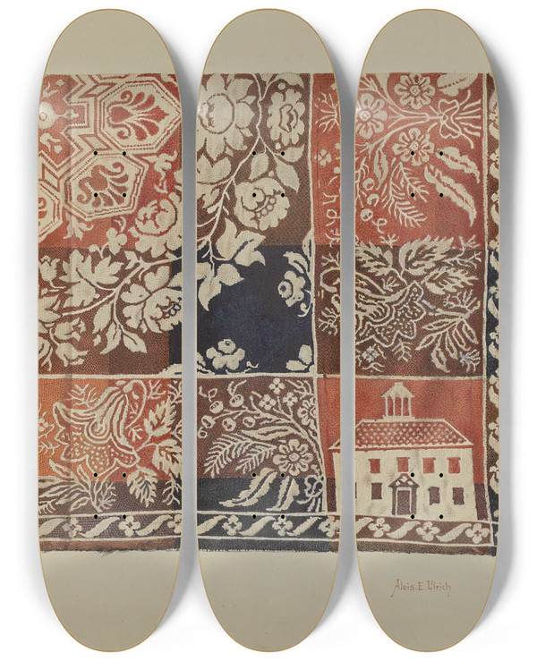 Triptych art skateboard deck of Alois E Ulrich Woven Coverlet by Alois E Ulrich