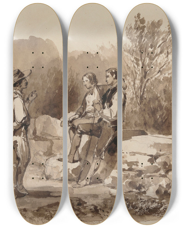 Triptych art skateboard deck of Gustave Adolphe Simonau The Conversation by Gustave Adolphe Simonau (1810-1870)