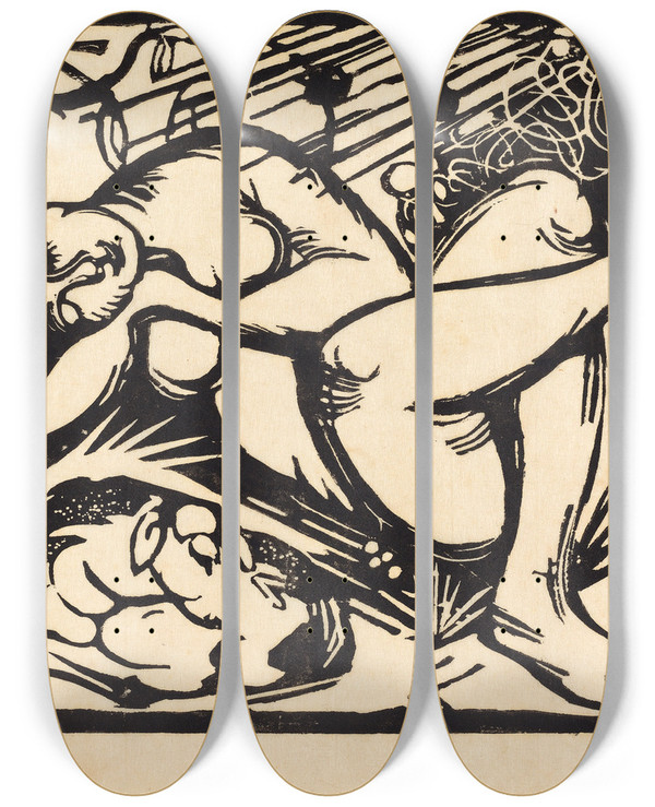 Triptych art skateboard deck of Franz Marc Sleeping Shepherdess Schlafende Hirtin by Franz Marc (1880-1916)