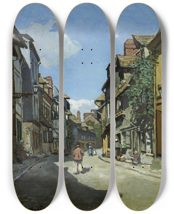 Triptych art skateboard deck of Claude Monet Rue De La Bavole Honfleur by Claude Monet (1840-1926)