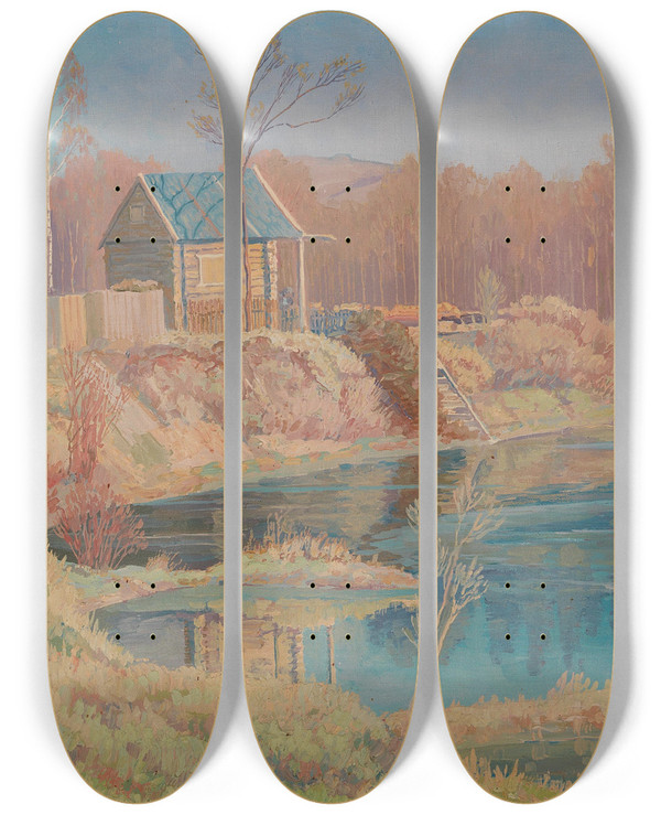 Triptych art skateboard deck of Max Kahrer By A Lake by Max Kahrer (1878-1937)