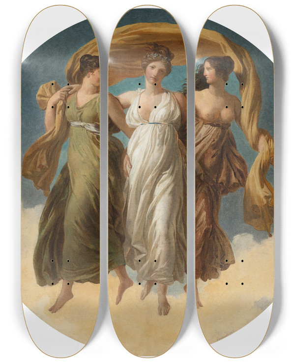 Triptych art skateboard deck of Alexandre Evariste Fragonard The Three Graces by Alexandre Evariste Fragonard (1780-1850)