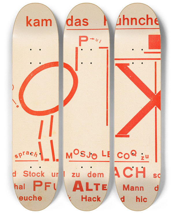 Triptych art skateboard deck of Kurt Schwitters Die Scheuche by Kurt Schwitters (1887-1948)