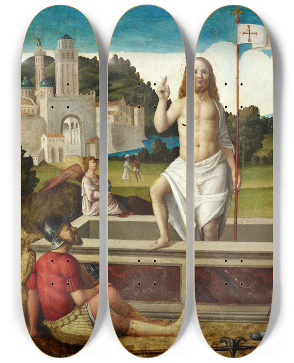Triptych art skateboard deck of Francesco Di Simone Da Santacroce Resurrection Of Christ by Francesco Di Simone Da Santacroce (1470-1508)