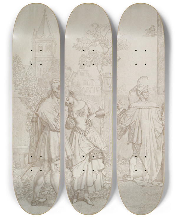 Triptych art skateboard deck of Peter Von Cornelius Der Spaziergang Im Garten by Peter Von Cornelius (1784-1867)