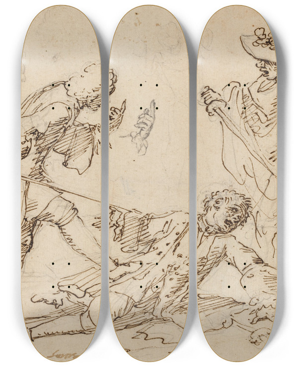 Triptych art skateboard deck of Italian 17Th Or 18Th Century Three Men Fighting by Italian 17th or 18th Century