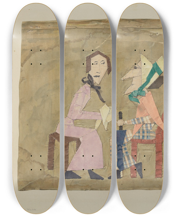 Triptych art skateboard deck of Carmel Wilson Patchwork Picture Gossips by Carmel Wilson