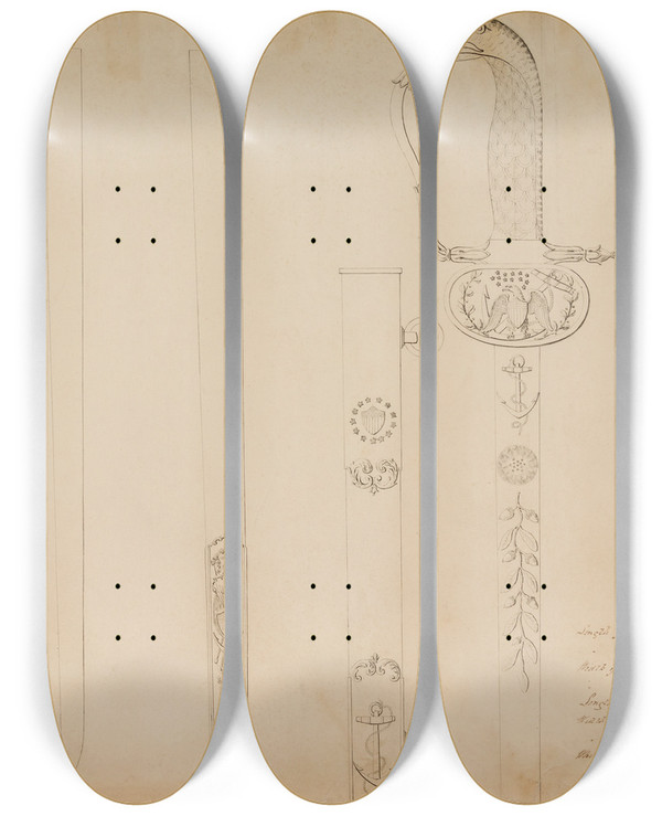 Triptych art skateboard deck of Thomas Fletcher Design For An Officers Sword by Thomas Fletcher (1787-1866)