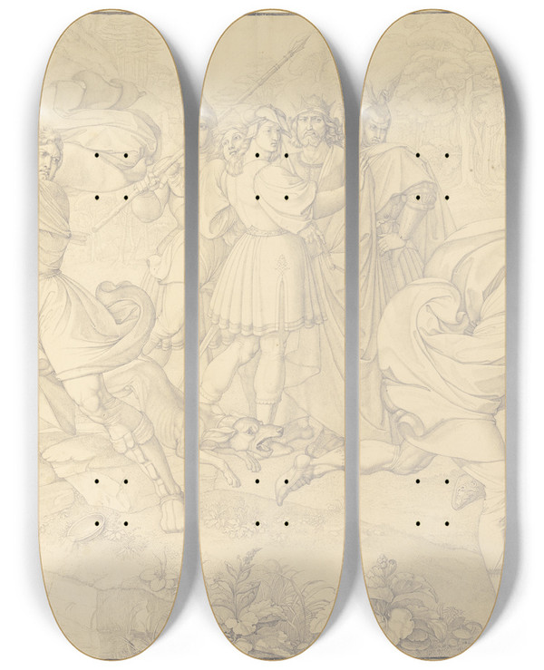 Triptych art skateboard deck of Peter Von Cornelius Sigfrids Death by Peter Von Cornelius (1784-1867)