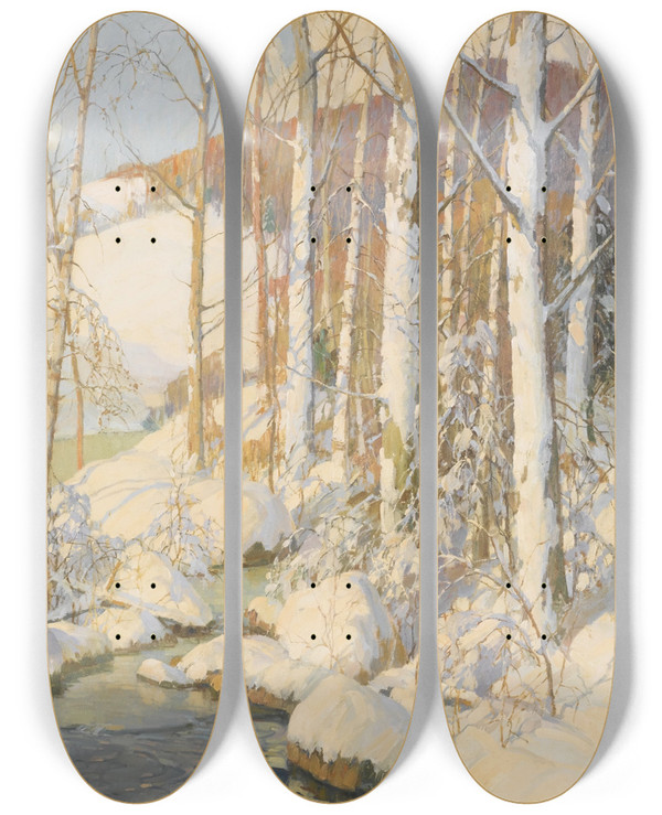 Triptych art skateboard deck of Frederick John Mulhaupt Winter Calm by Frederick John Mulhaupt (1871-1938)