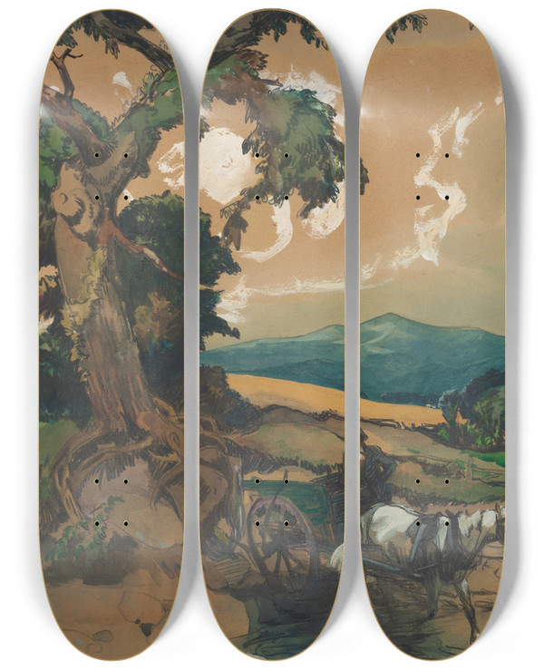 Triptych art skateboard deck of Henry Keller The Ford by Henry Keller (1869-1949)
