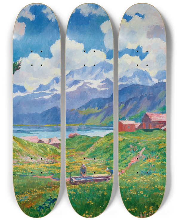 Triptych art skateboard deck of Giovanni Giacometti Spring Landscape by Giovanni Giacometti (1868-1933)
